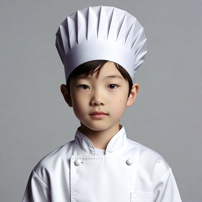 Asian boy wearing chef hat