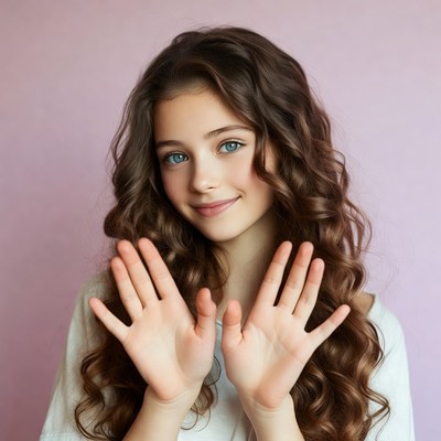 Girl waving hands with curly hair