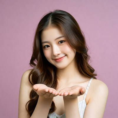 Asian woman cupping hands on pink background