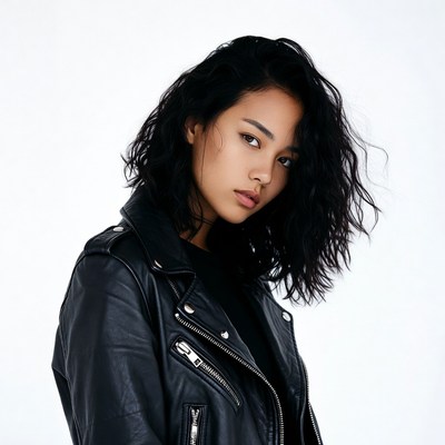 Asian woman in black leather jacket