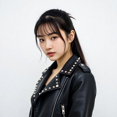 Asian woman in studded leather jacket