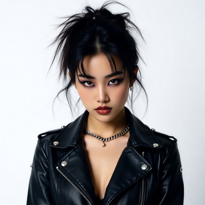 Asian woman in leather jacket