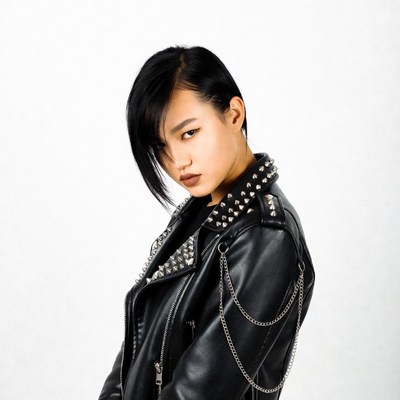 Asian woman in studded leather jacket