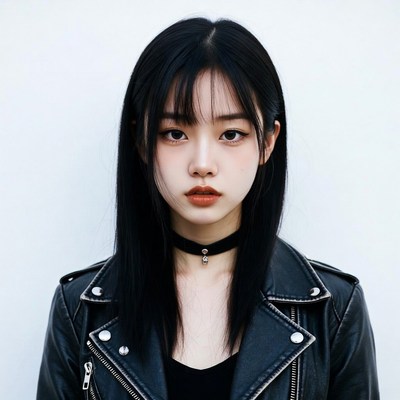 Asian woman in leather jacket