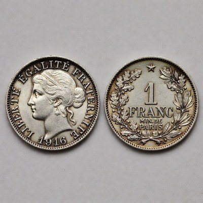 1916 French 1 Franc Coin Obverse Reverse