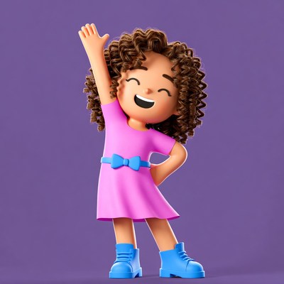 Happy cartoon girl raising hand