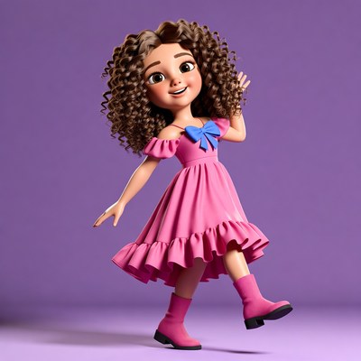 Curly-haired girl waving in pink dress