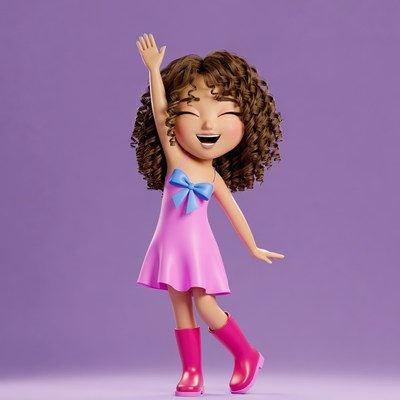 Cartoon girl waving in pink dress