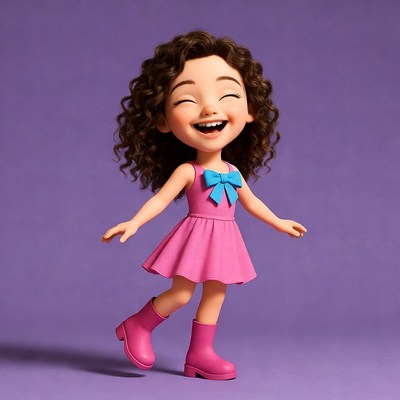 Happy curly-haired girl in pink dress