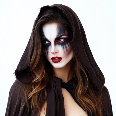 Woman in witch makeup and hood