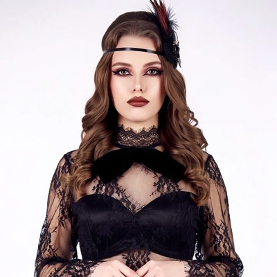 Woman in black lace dress with feather headband