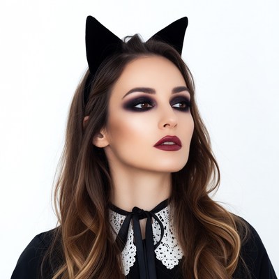 Woman with black cat ears headband