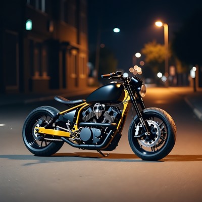 Black Gold Cafe Racer Motorcycle Night Street