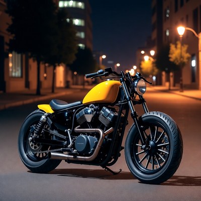 Yellow Bobber Motorcycle on Night Street