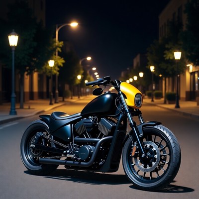 Black motorcycle with yellow headlight at night