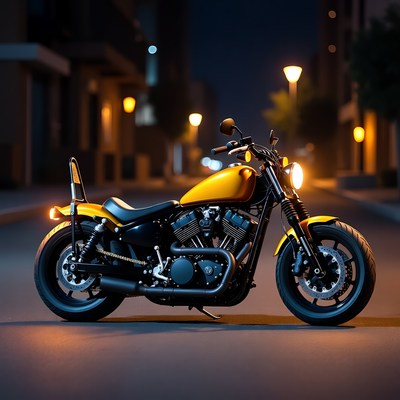 Yellow Motorcycle Parked on Night Street