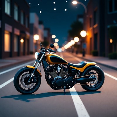 Yellow Motorcycle Parked Night Street