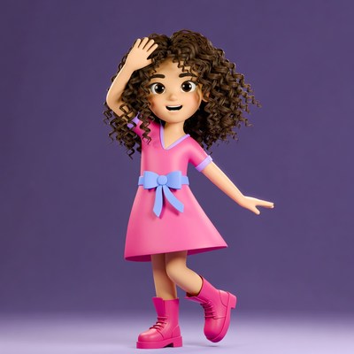 Cartoon girl waving in pink dress