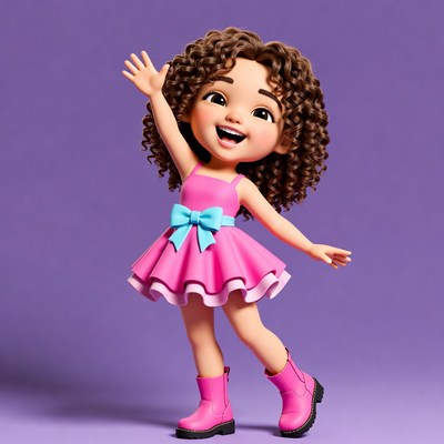 Curly-haired girl waving happily