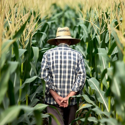 Farmer walking in corn field