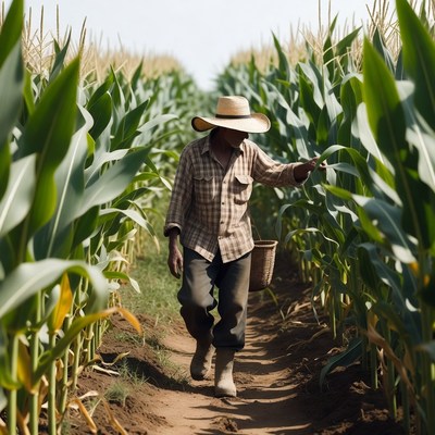 Farmer inspecting cornfield with basket