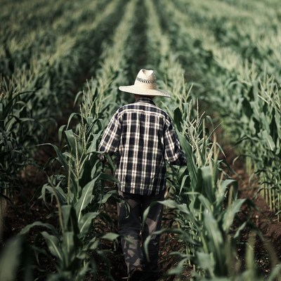 Farmer walking in corn field