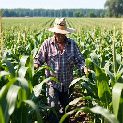 Farmer in straw hat cornfield