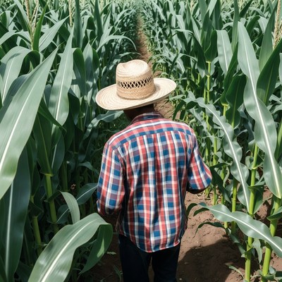 Farmer walking in corn field