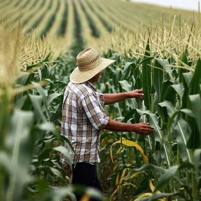 Farmer inspecting cornfield with straw hat