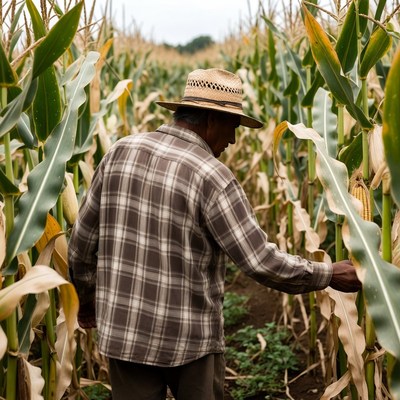 Farmer inspecting corn in field