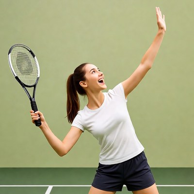 Woman serving tennis racket green court
