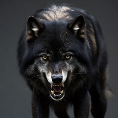 Growling Black Wolf with Bared Teeth