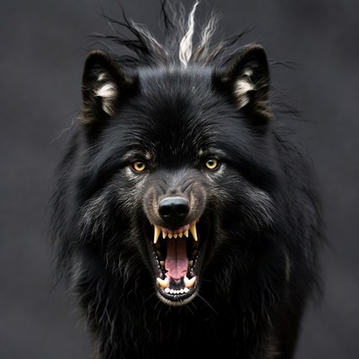 Black dog growling with bared teeth