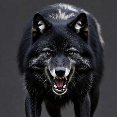 Black Wolf Growling with Yellow Eyes
