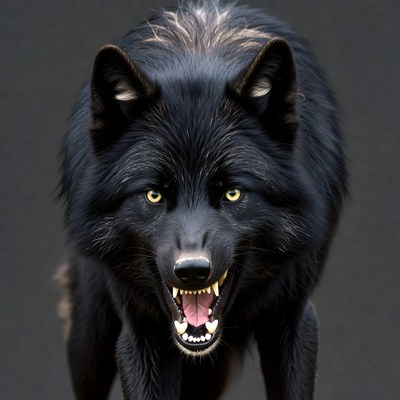 Black wolf growling fiercely