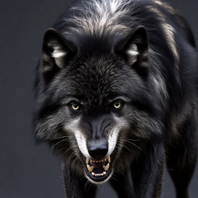 Growling Black Wolf with Yellow Eyes