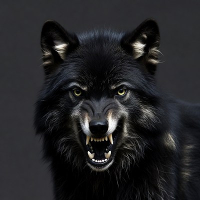 Black wolf growling with bared teeth