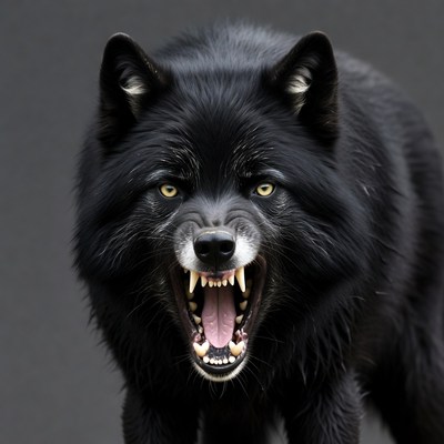 Black wolf growling fiercely