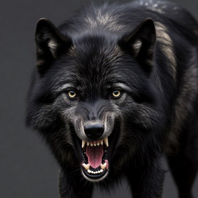 Black wolf growling with bared teeth