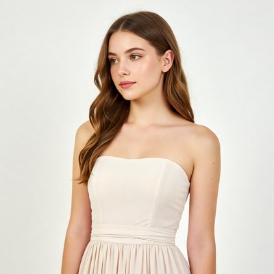 Woman in Strapless Beige Dress
