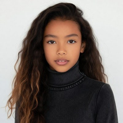 Young girl with curly hair in turtleneck