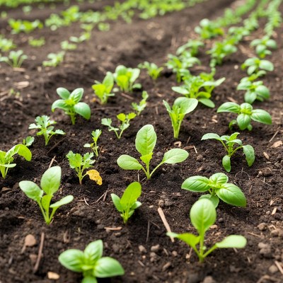 Young vegetable seedlings in soil rows