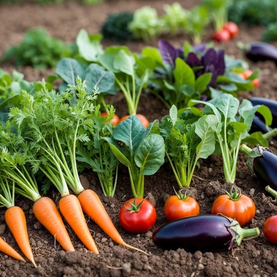Fresh vegetables growing in garden soil