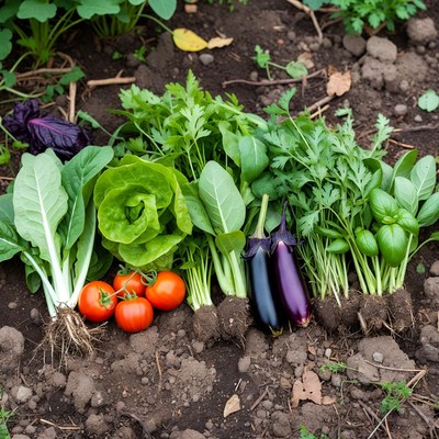 Fresh vegetables with roots on soil