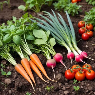 Fresh garden vegetables on soil