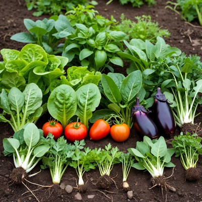 Fresh garden vegetables on soil