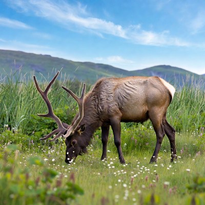 Elk grazing in mountain meadow