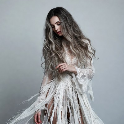 Woman in white lace fringe dress