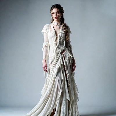 Woman in tattered white lace gown