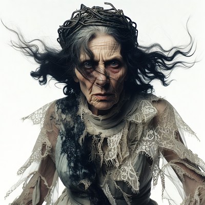 Elderly woman with twig crown